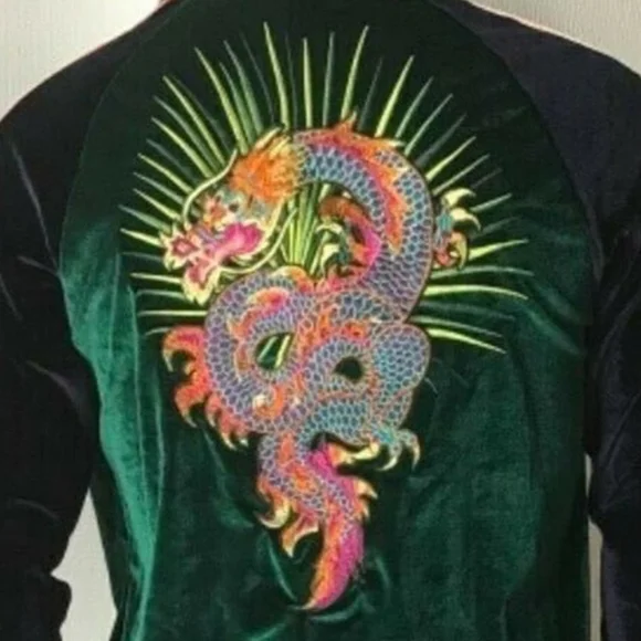 Hudson Outerwear Men's Green Velour Track Jacket with Embroidery Design - Picture 3 of 7